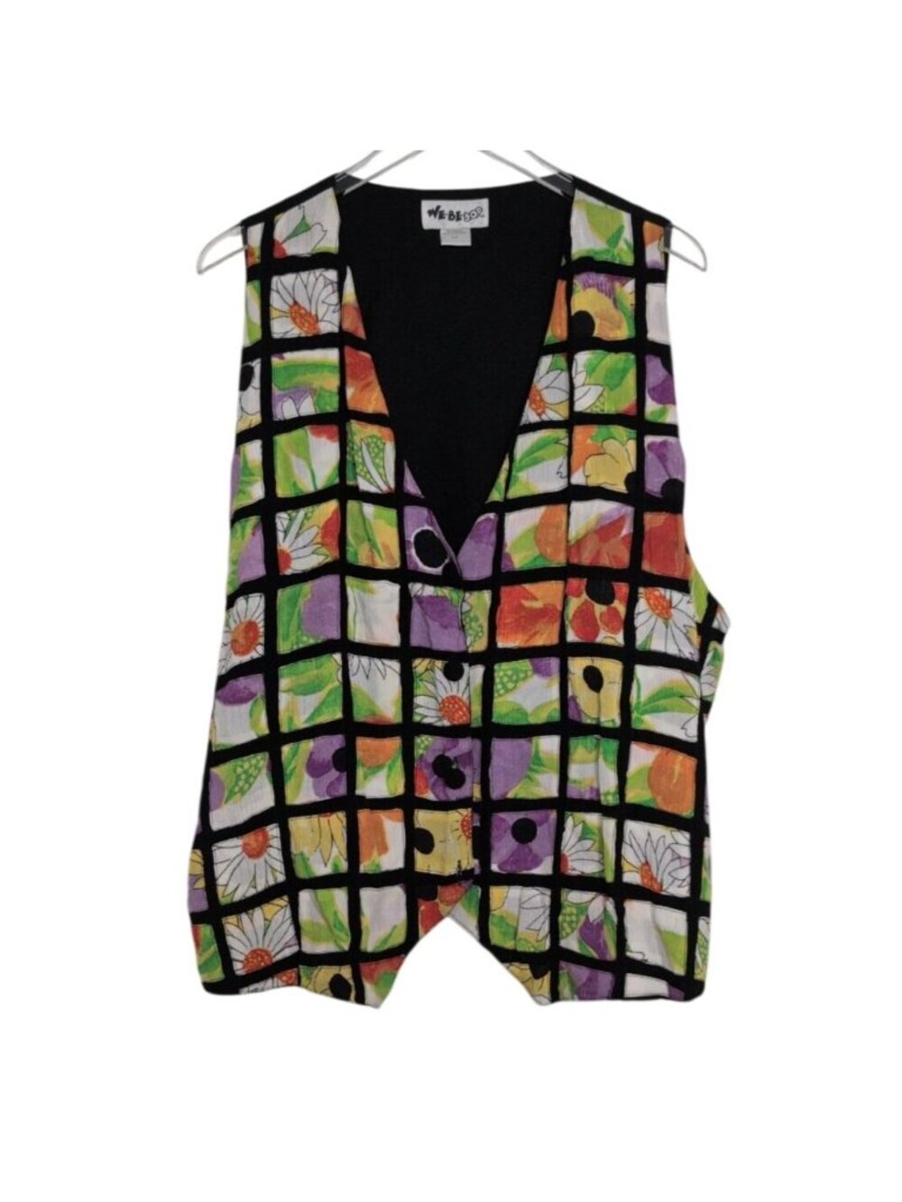 We Be Bop Floral Check Vest Womens Size 3X Black Colorful Garden Sleeveless